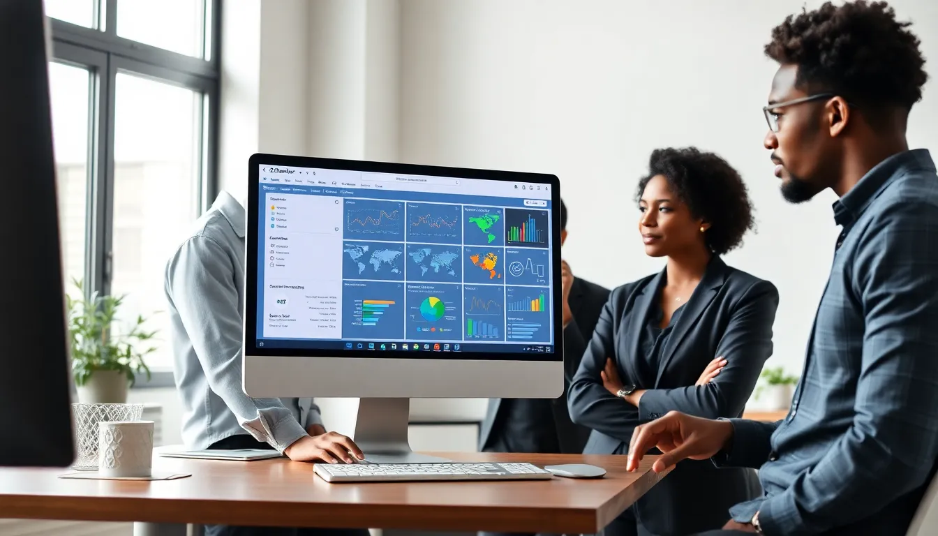 diverse team collaborating over a strategy guide on a computer.