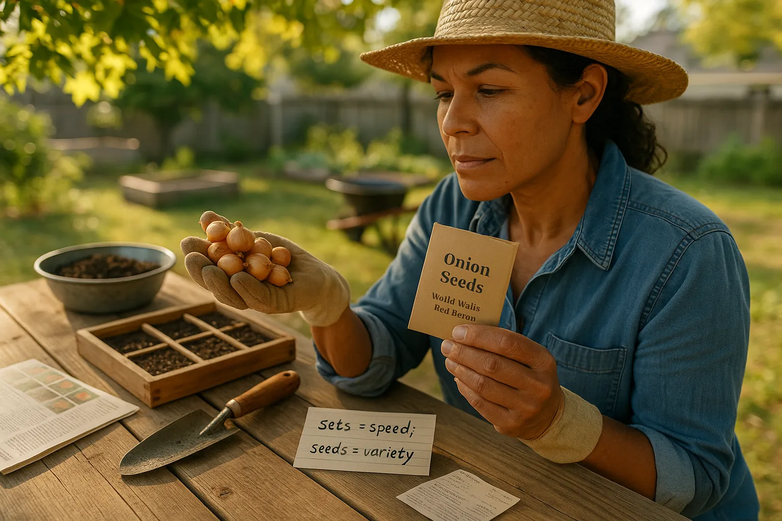 Gardener comparing onion seed packet with small cured onion sets on a potting bench.