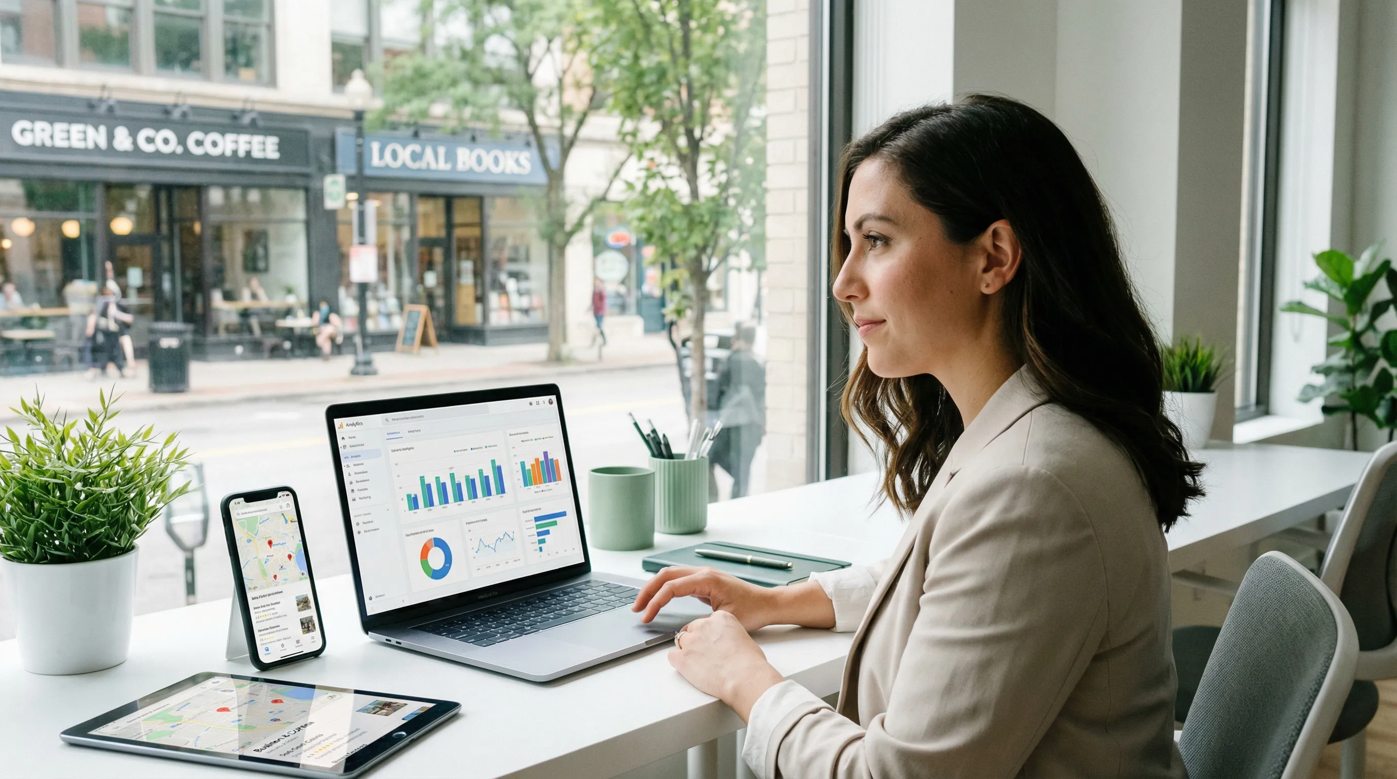Professional in a modern office reviewing local business analytics on a laptop, with nearby devices showing maps and listings, and a city street with storefronts visible through a large window.