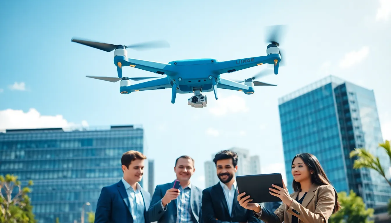 blue drone being used by diverse professionals in an urban environment.