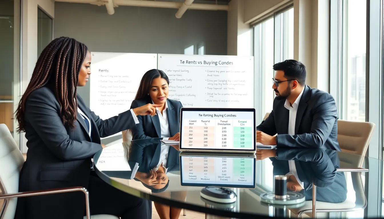professionals discussing renting vs buying a condo in a modern office.