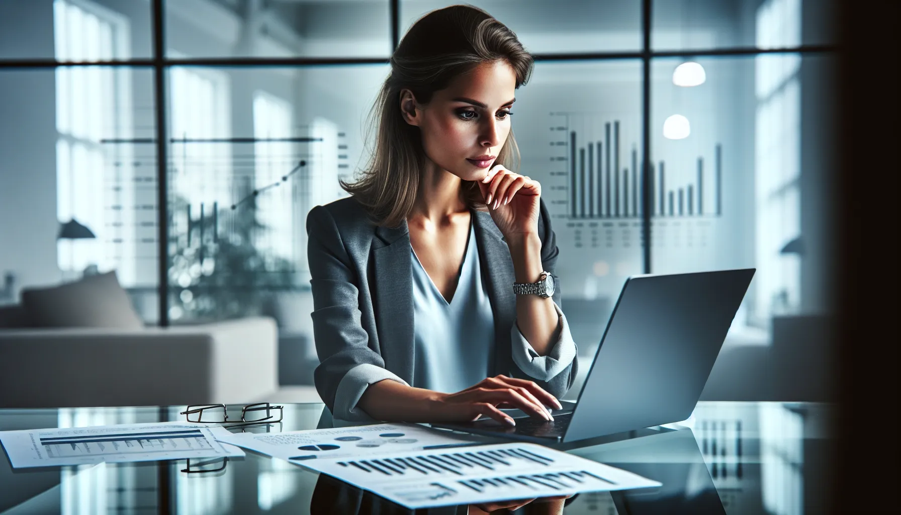 Croatian businesswoman reviewing financial tabular statement on laptop in modern office