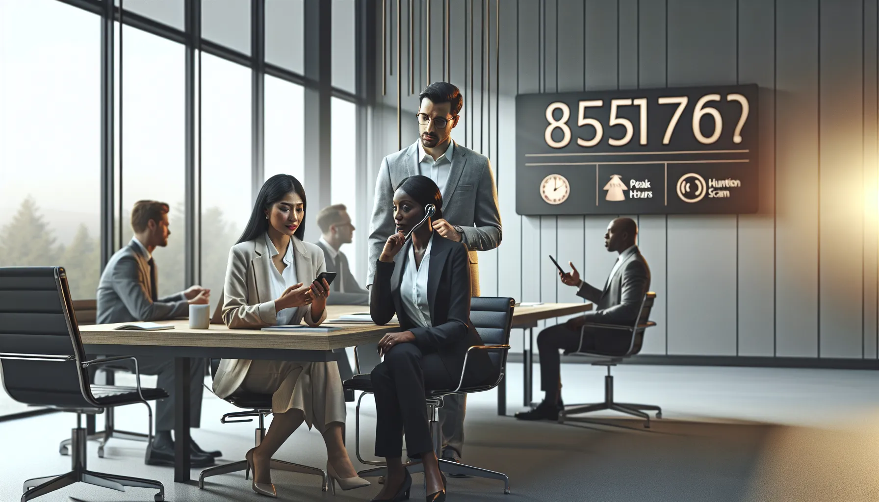 diverse professionals discussing a toll-free number in a modern office.