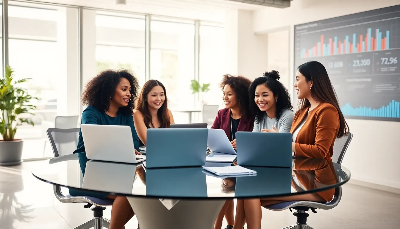 diverse team of women collaborating in a modern tech office.