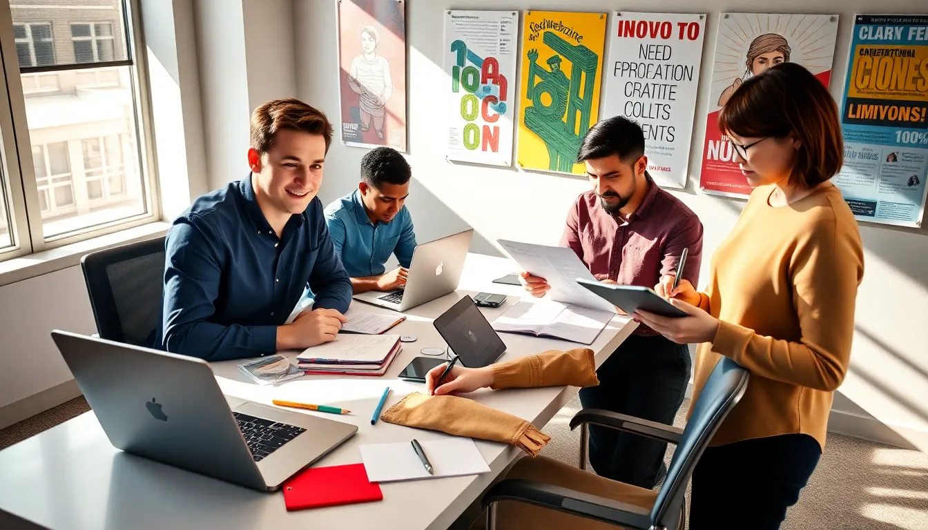 James Gussie collaborates with a diverse team in a modern office.