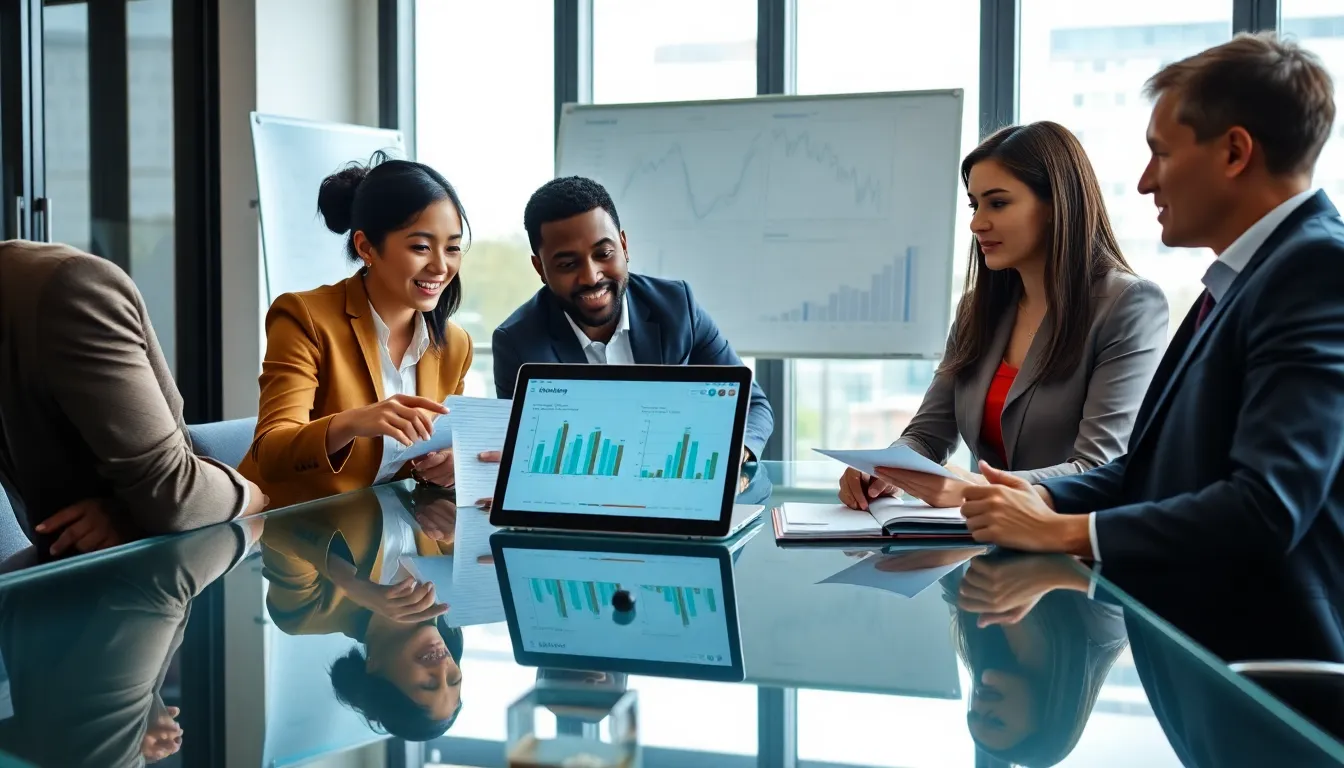 diverse team discussing spending plans in a modern office.