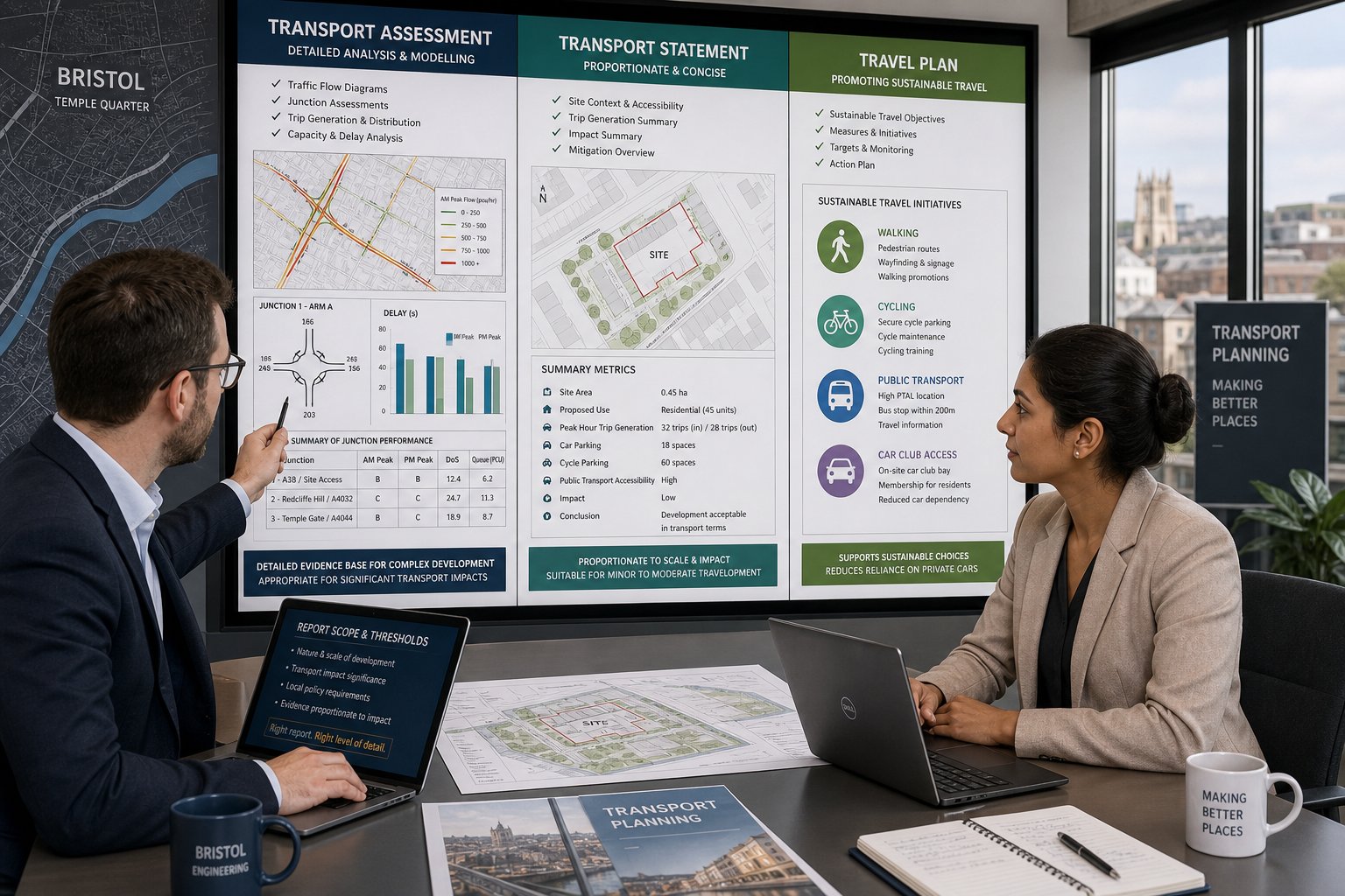 Traffic engineer comparing transport planning reports in a modern Bristol office.