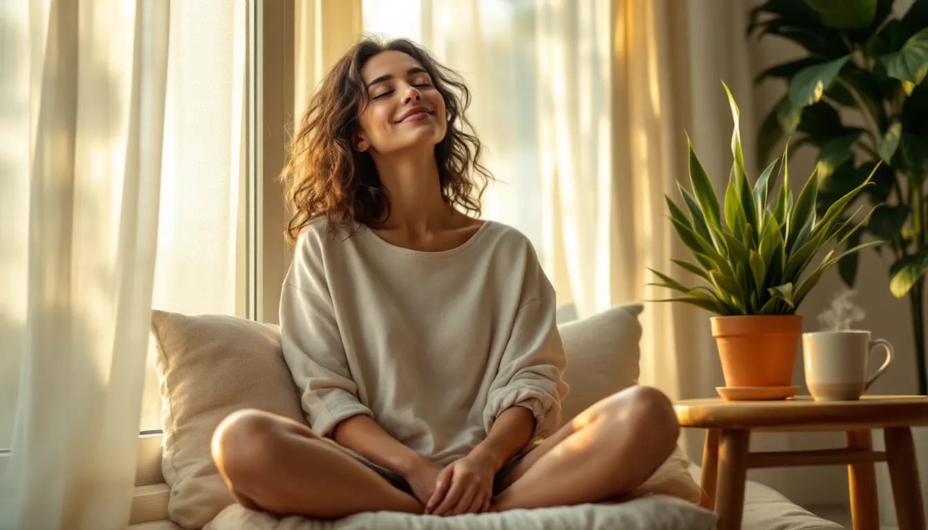 Woman meditating peacefully by a sunlit window with warm water nearby.