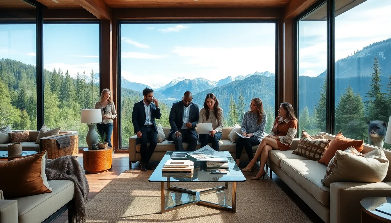 diverse team discussing custom interior designs in a bright, modern space.