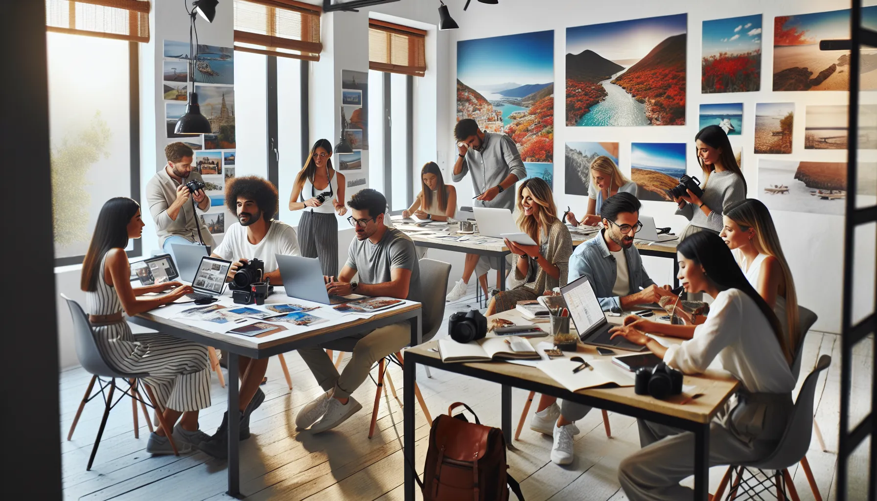 group of diverse travel bloggers collaborating in a modern office.