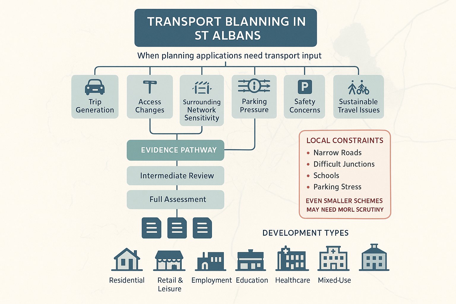 Infographic showing when St Albans planning projects need transport assessment.
