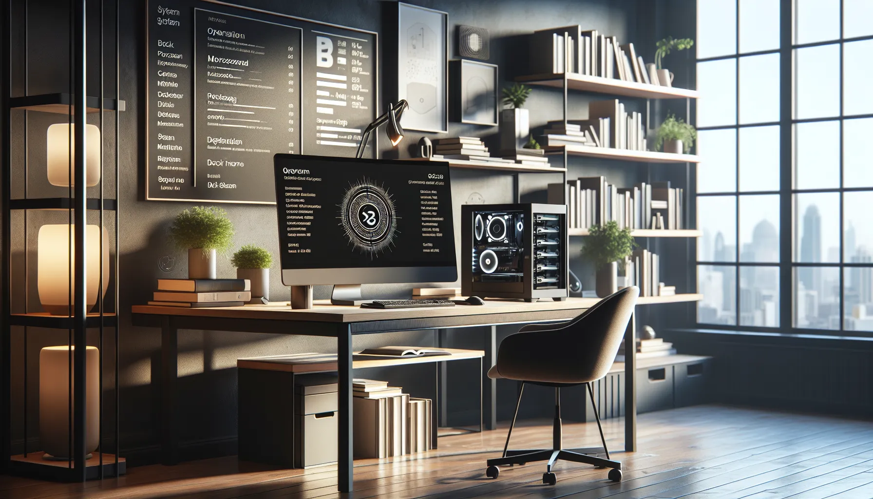 modern home office with a desktop computer displaying Widdeadvi requirements.