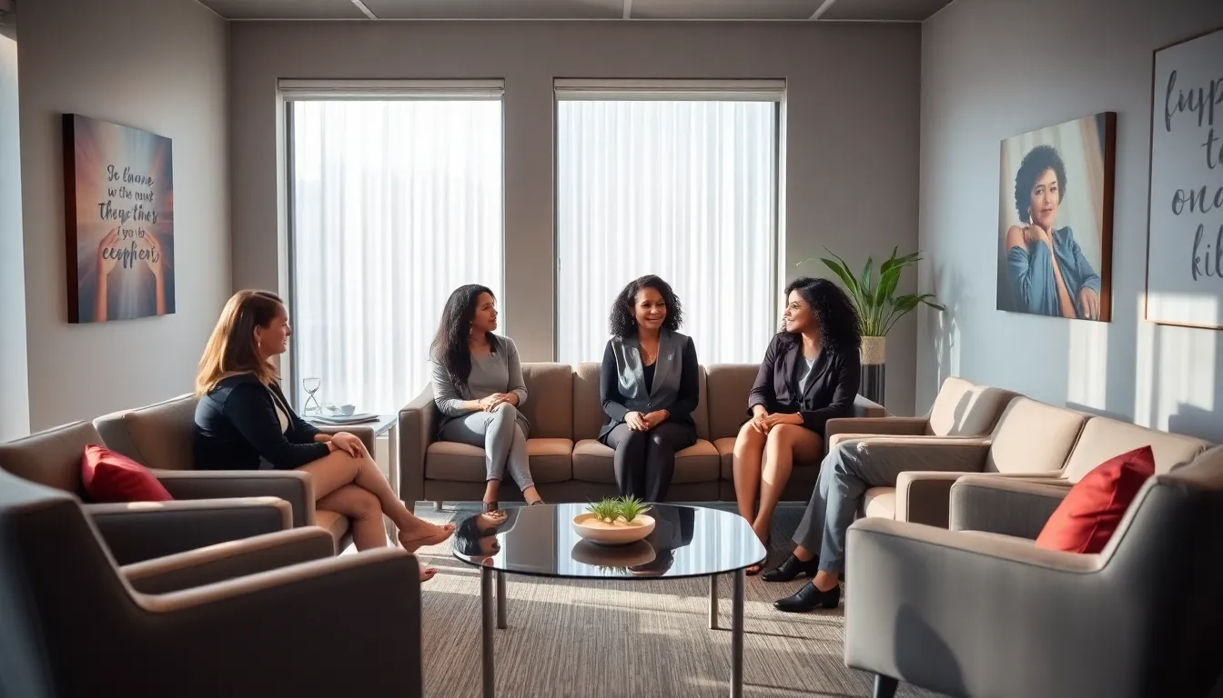diverse professionals discussing in a modern addiction treatment therapy room.