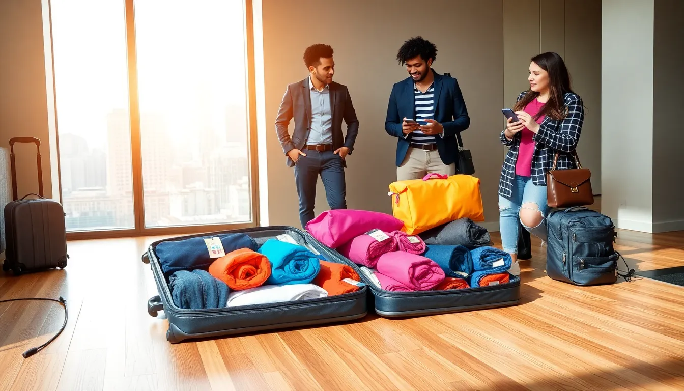 A group discussing packing tips around a suitcase with organized packing cubes.