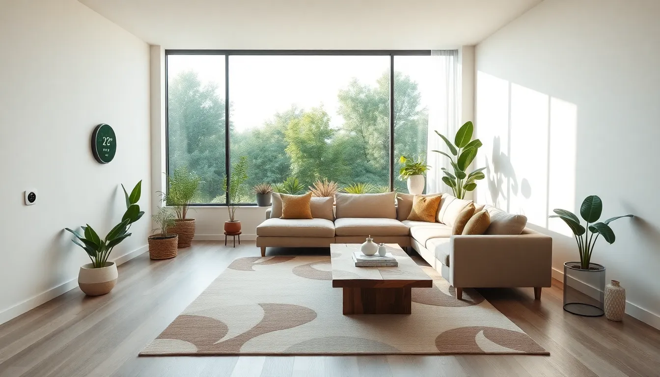 a modern living room featuring natural materials and smart home technology.