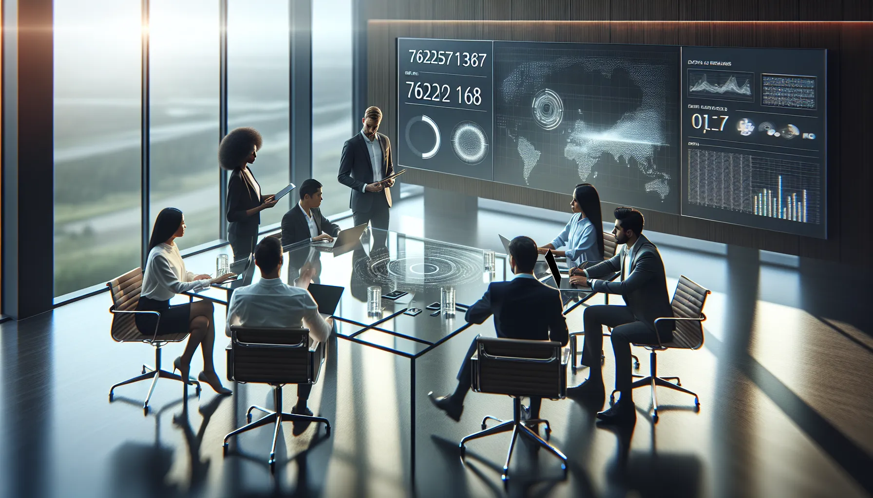 diverse professionals discussing data in a modern office.