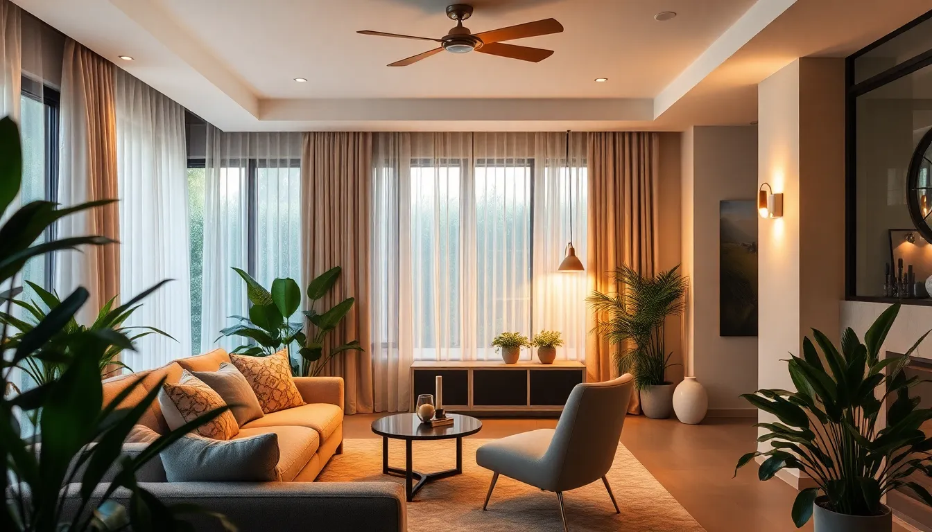 Serene living space with soft oasis lighting and natural elements.