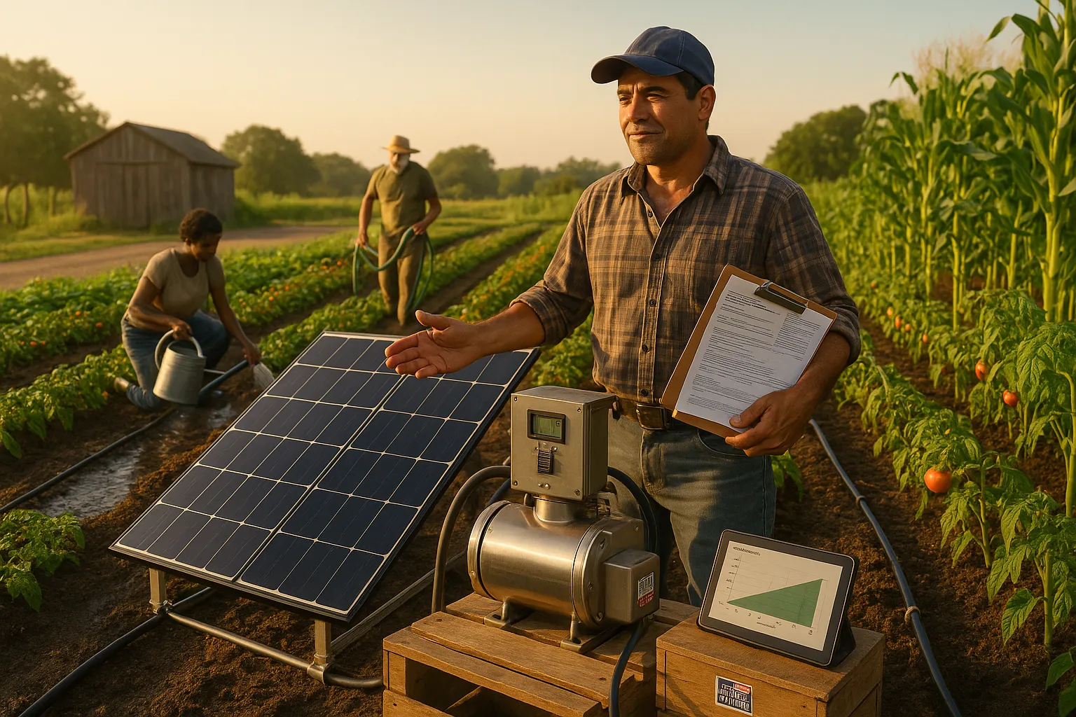 Farmer beside solar pump array while workers manually water nearby vegetable beds.