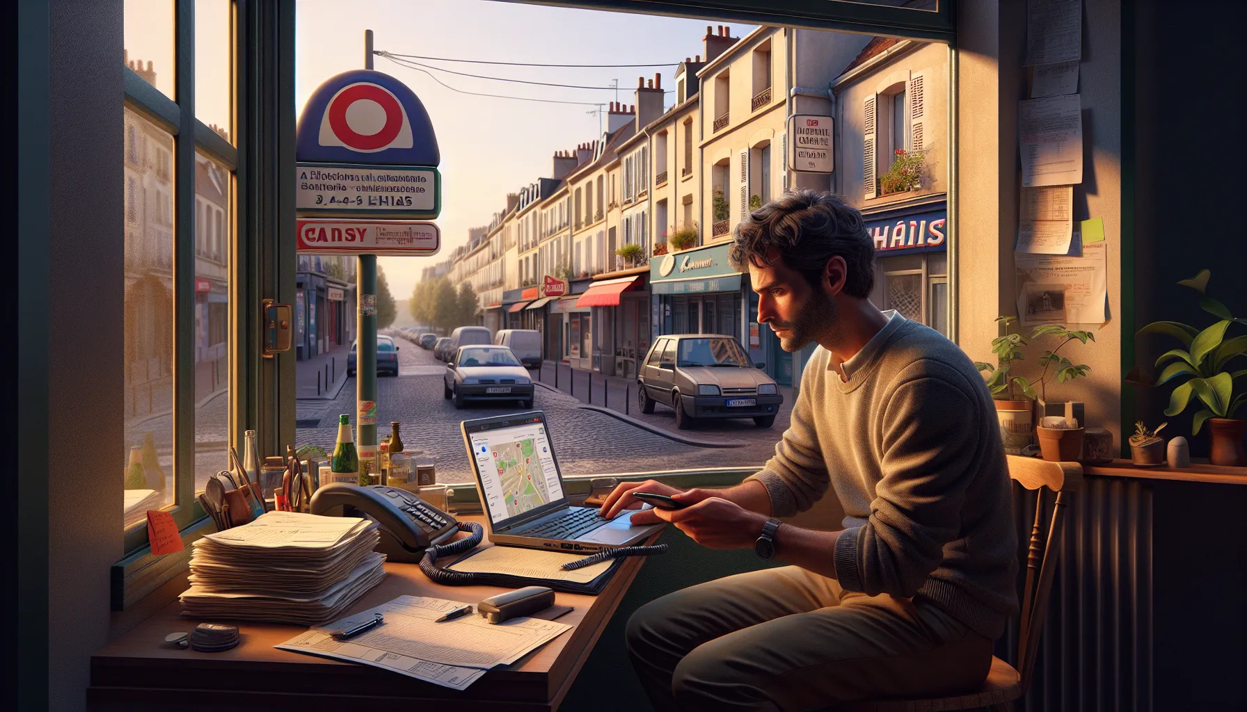 Concerned Thiais shop owner checks weak Google search and Maps visibility on laptop.