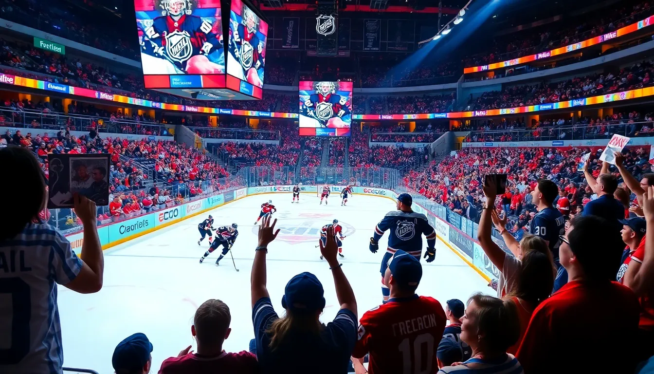 fans cheering in an NHL arena during an exciting playoff game.