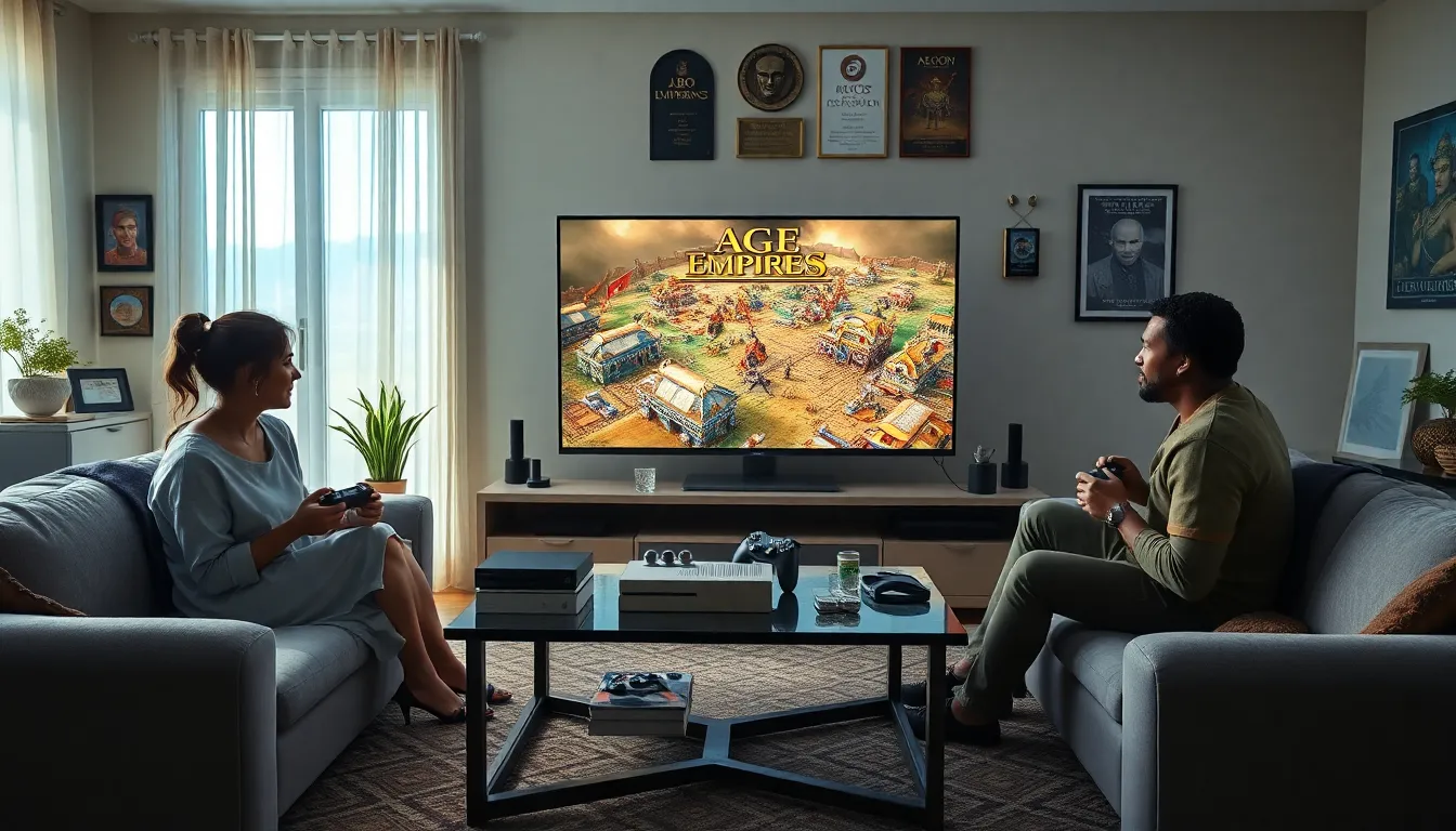 diverse group gaming Age of Empires 2 on Xbox in a modern living room.