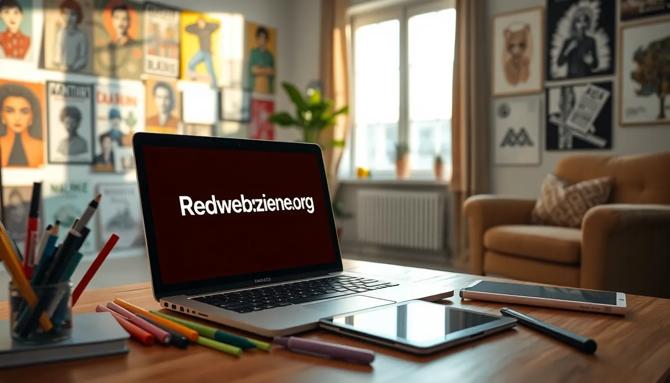 A modern workspace showcasing Redwebzine.org on a laptop with creative art supplies.