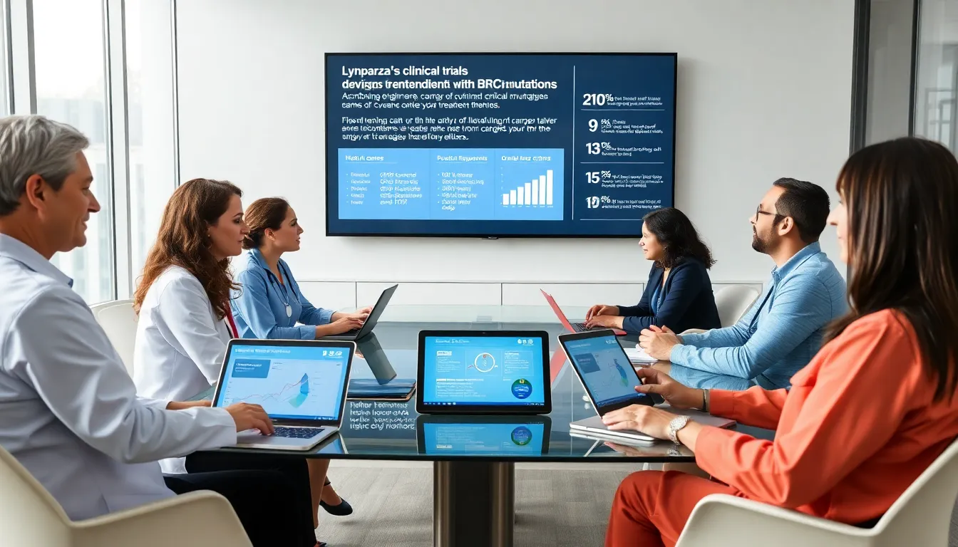 healthcare professionals discussing Lynparza success stories in a modern conference room.