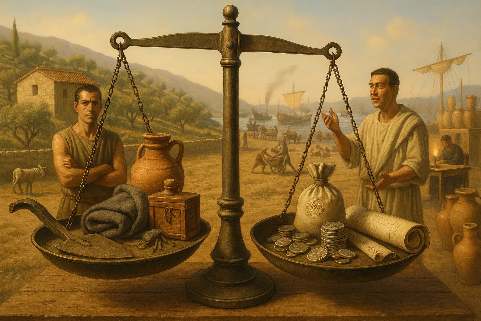 Balance scale contrasting Spartan plough and cloak with coins and tax ledger in harbor.