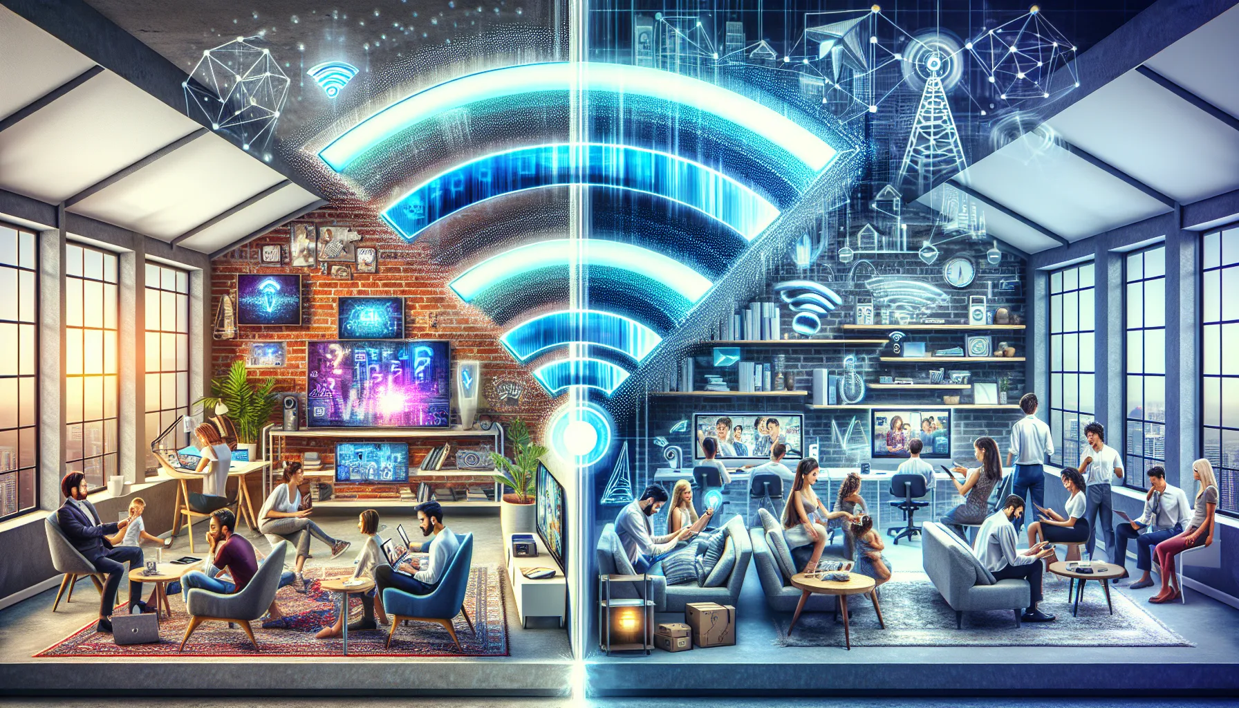 A visual comparison between WiFi 5 and WiFi 6 in home and office settings.