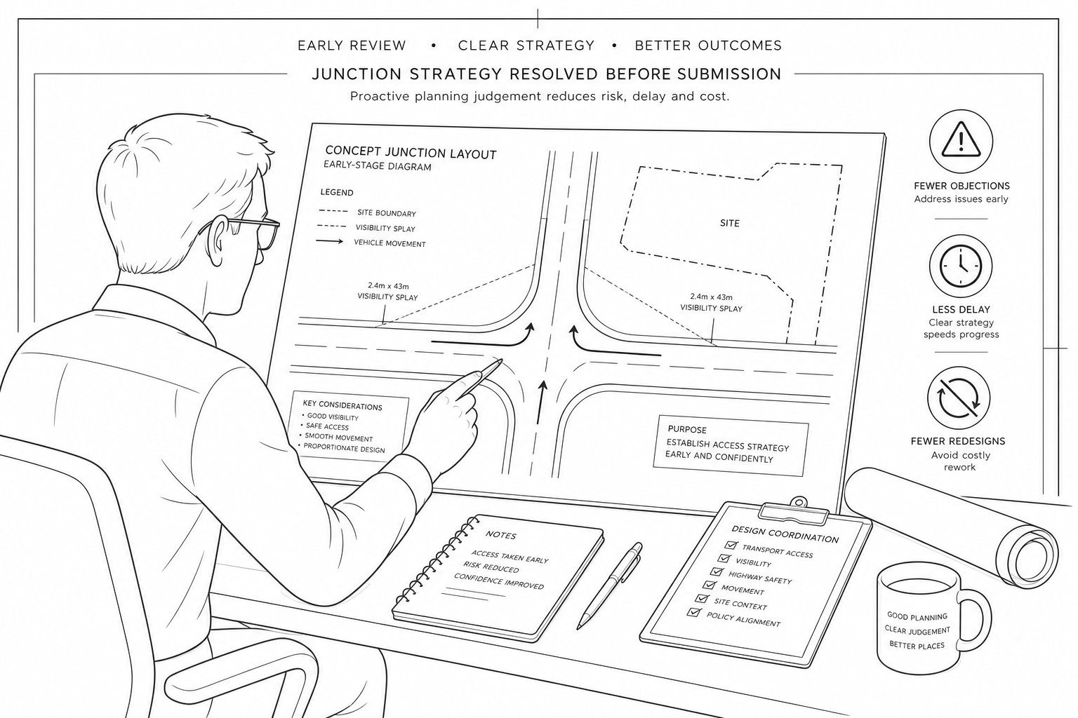 consultant reviewing a road junction plan to avoid delays and redesigns