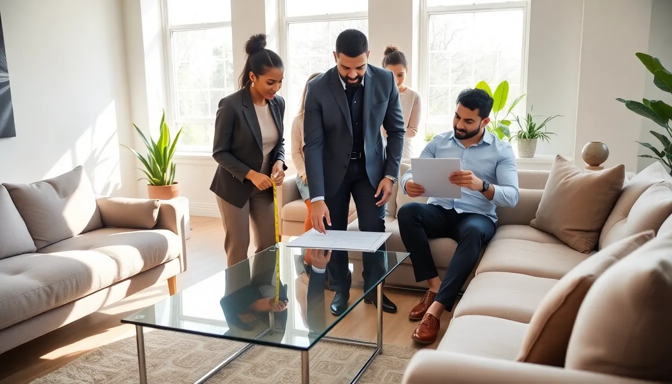 professionals discussing furniture layout in a modern living room.