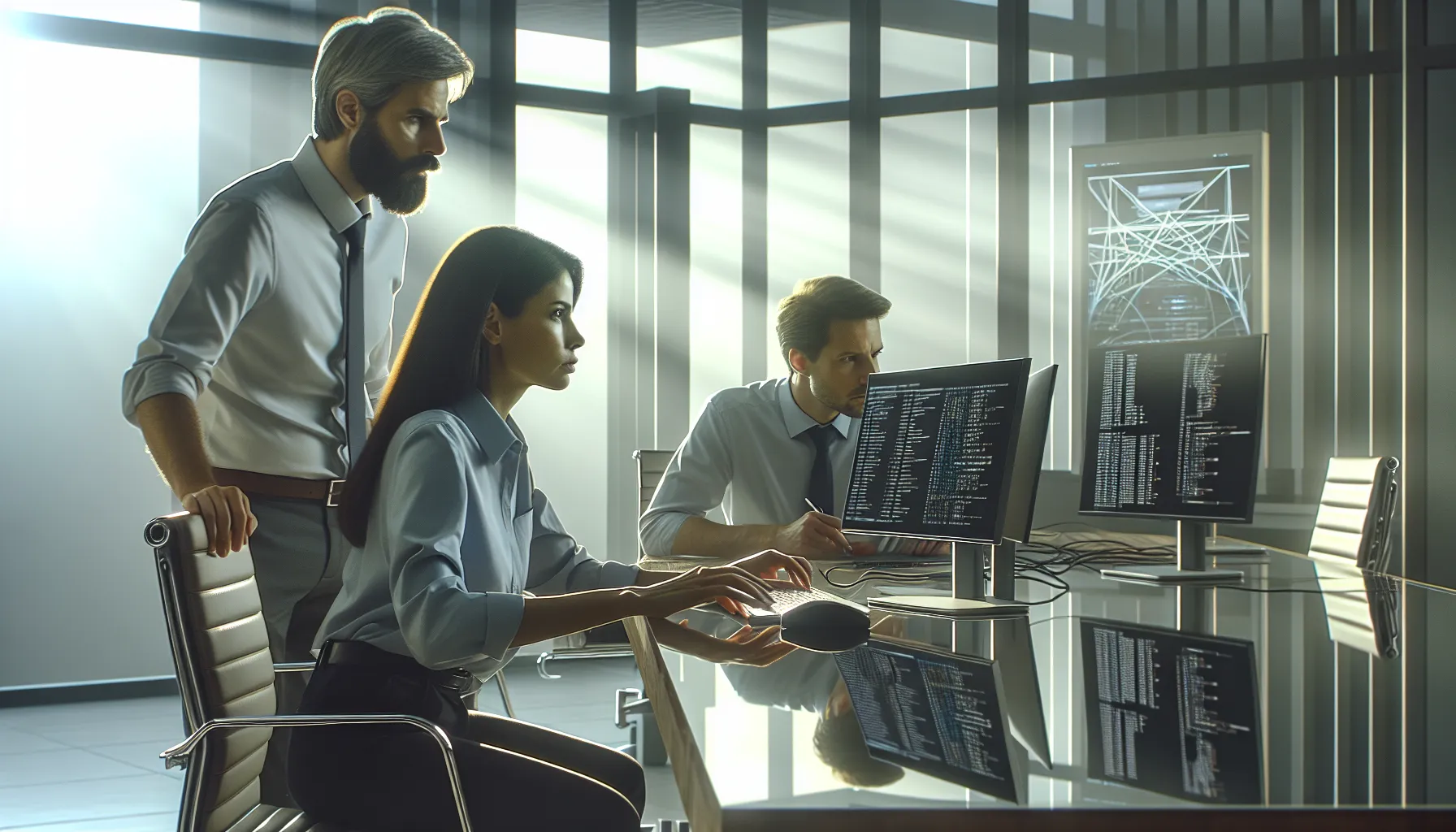 a diverse IT team troubleshooting network connectivity issues in a modern office.