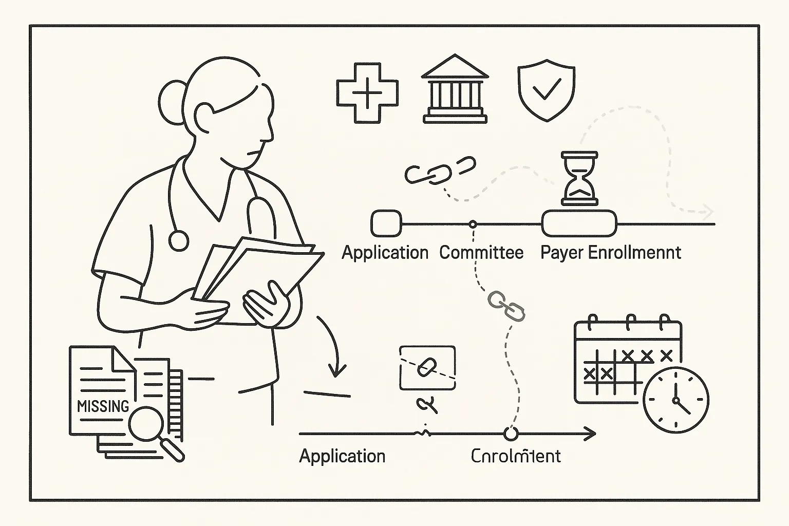 Nurse practitioner holding paperwork beside a timeline with stalled milestone and icons.