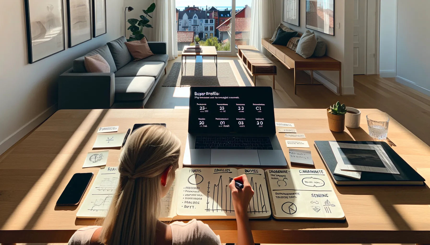 Agent writes buyer profile as social kpis and property ad show on screens.