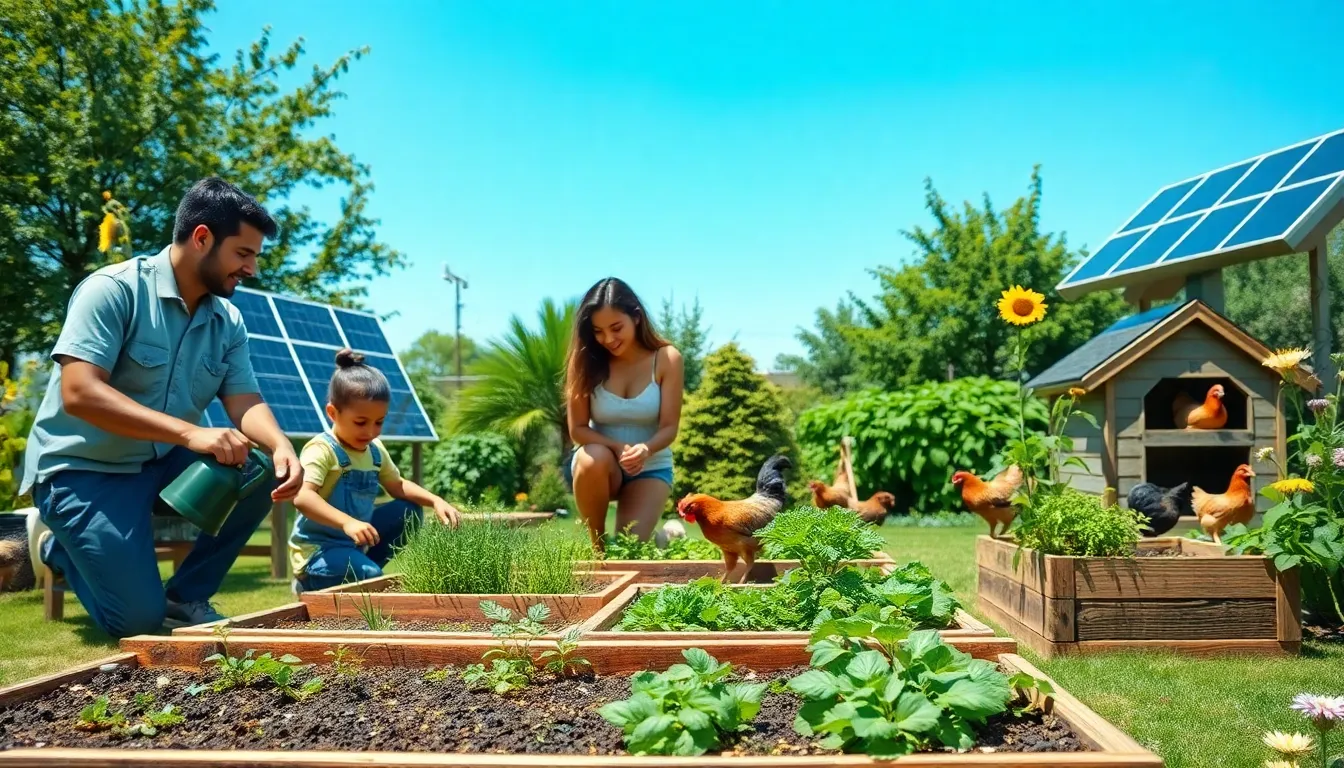 family gardening in a sustainable backyard with solar panels and chickens.