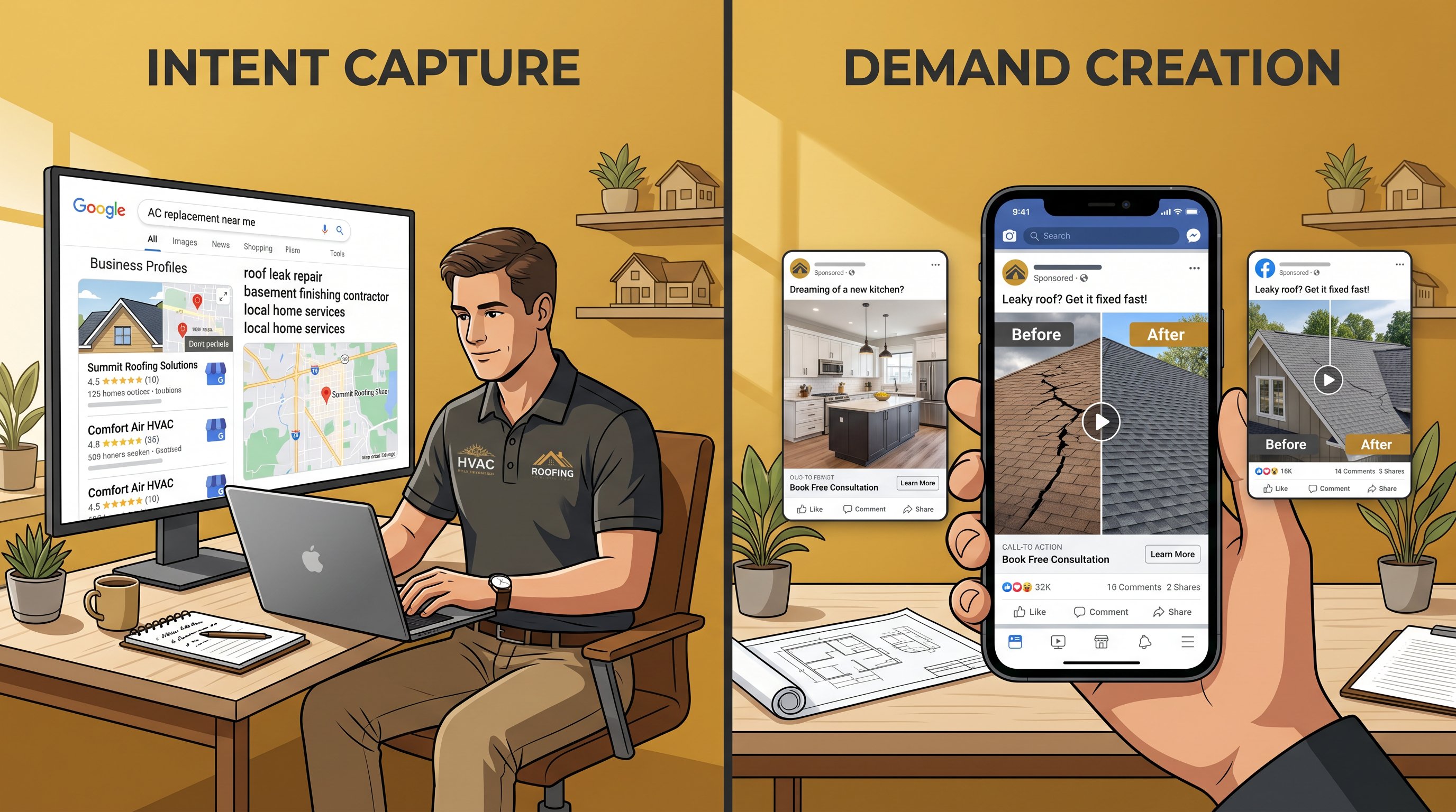 Split-screen showing Google search intent and Facebook ad interest for contractors.