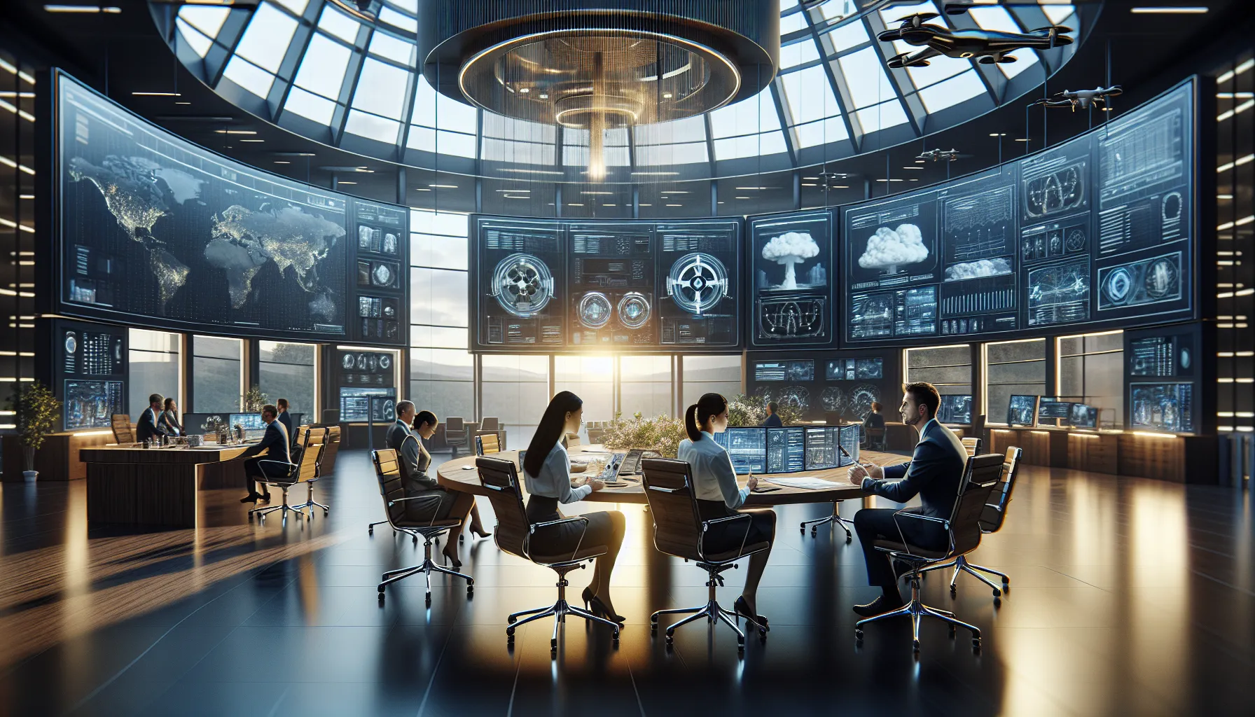 diverse team collaborating in a modern office focused on nuclear detection technology.