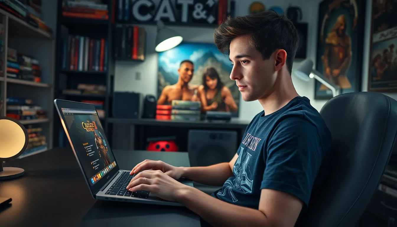 a young man using Ck2Generator for Crusader Kings II on his laptop.