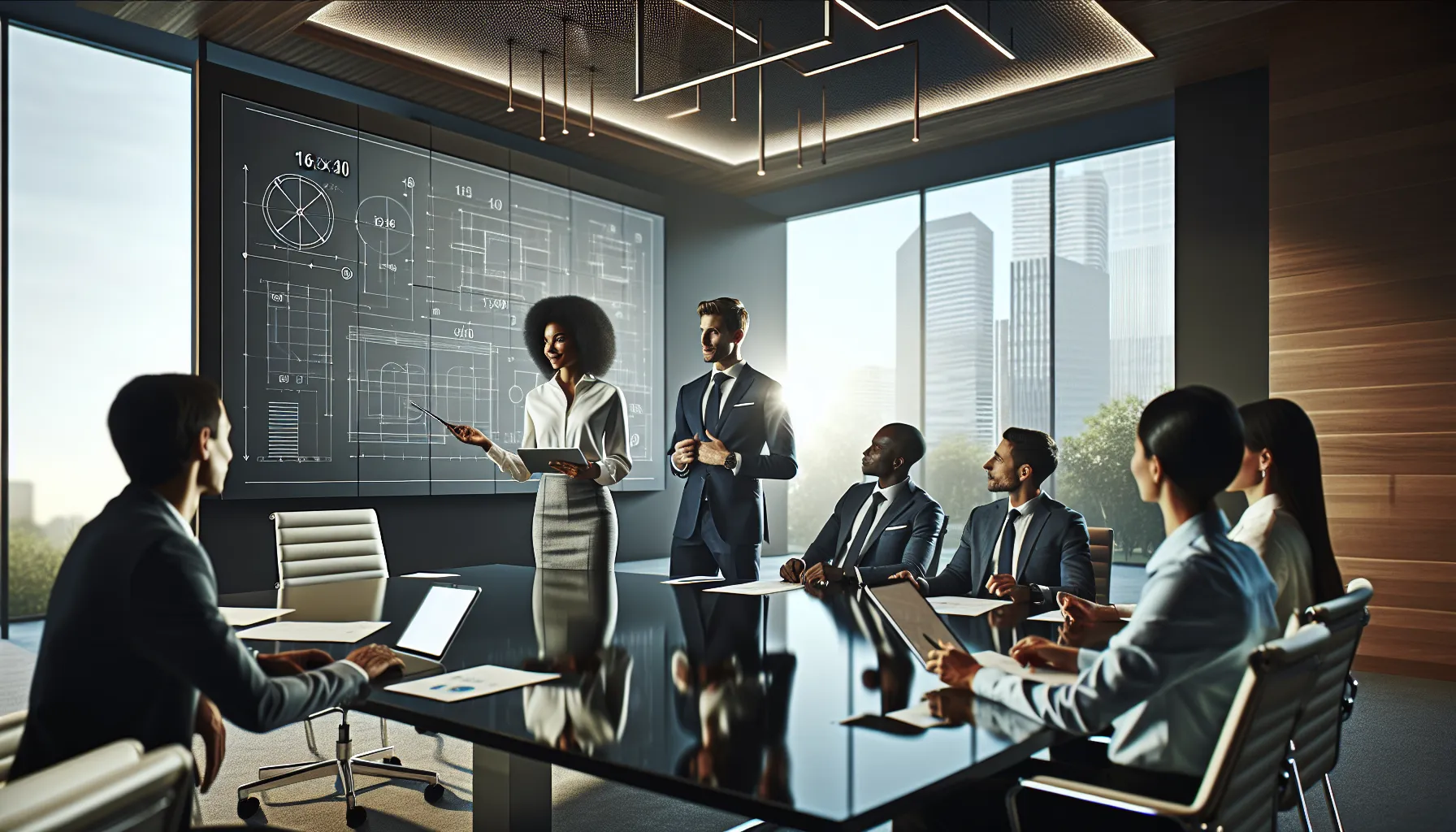 diverse professionals discussing project dimensions in a modern office.