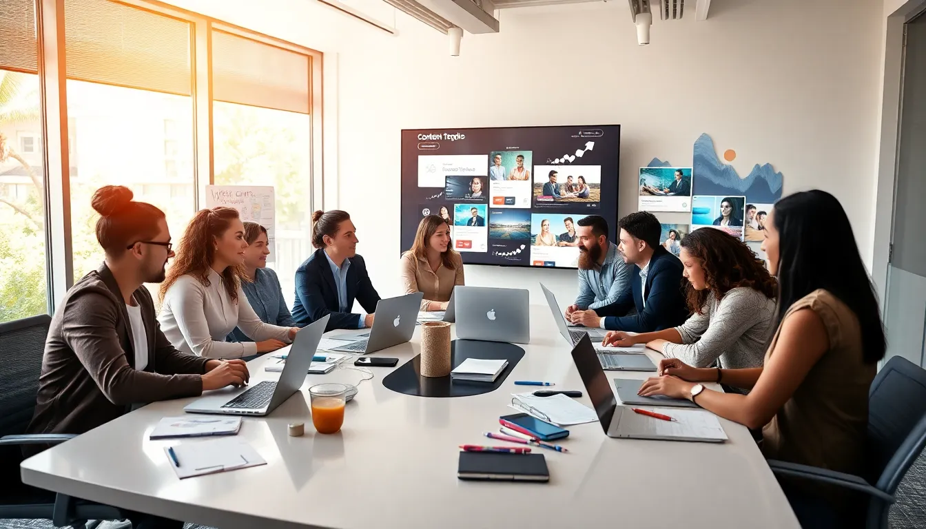 diverse team brainstorming captivating content ideas in a modern office.