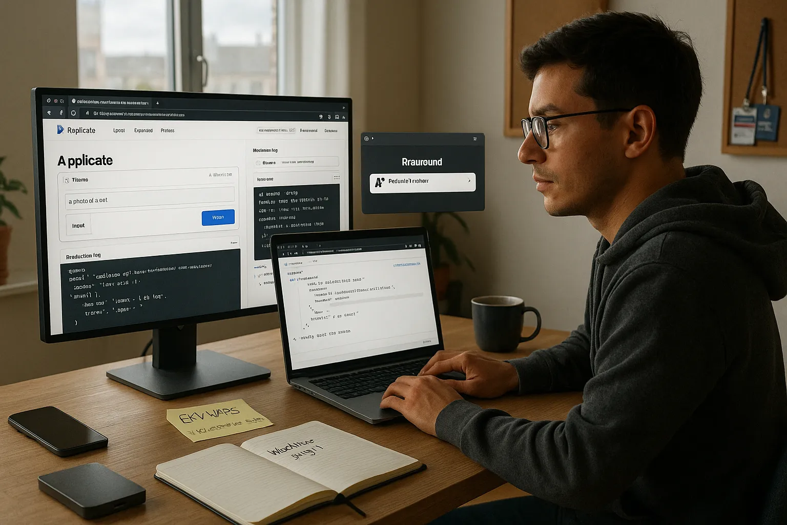 Developer testing a Replicate model dashboard and securing an API token on a laptop.