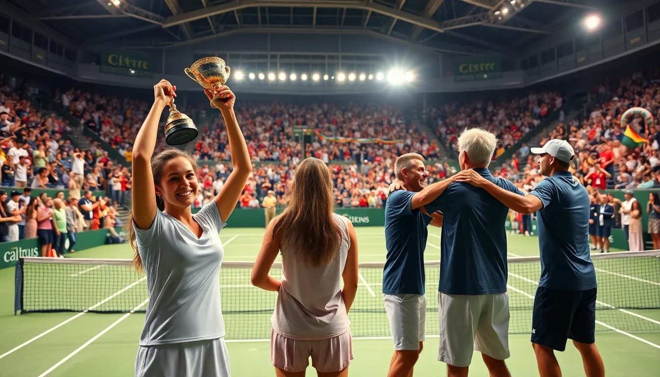 celebration of players in a vibrant tennis stadium during tournament highlights.
