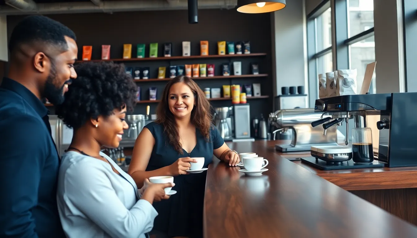 diverse professionals tasting coffee in a modern café setting.