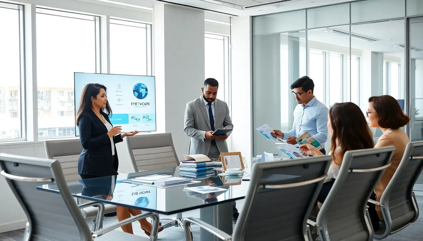 diverse team discussing innovative eye care products in a modern office.