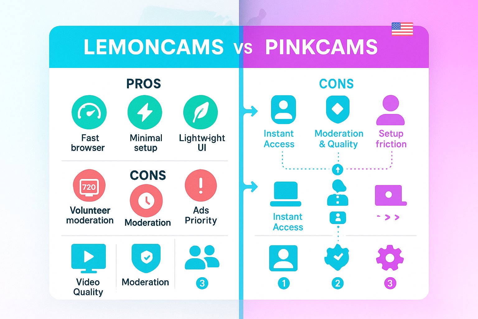 Side-by-side Pros and Cons comparison of LemonCams and PinkCams.