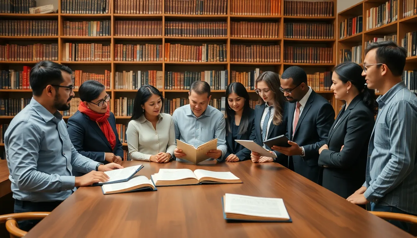 diverse team researching historical significance in a modern library.