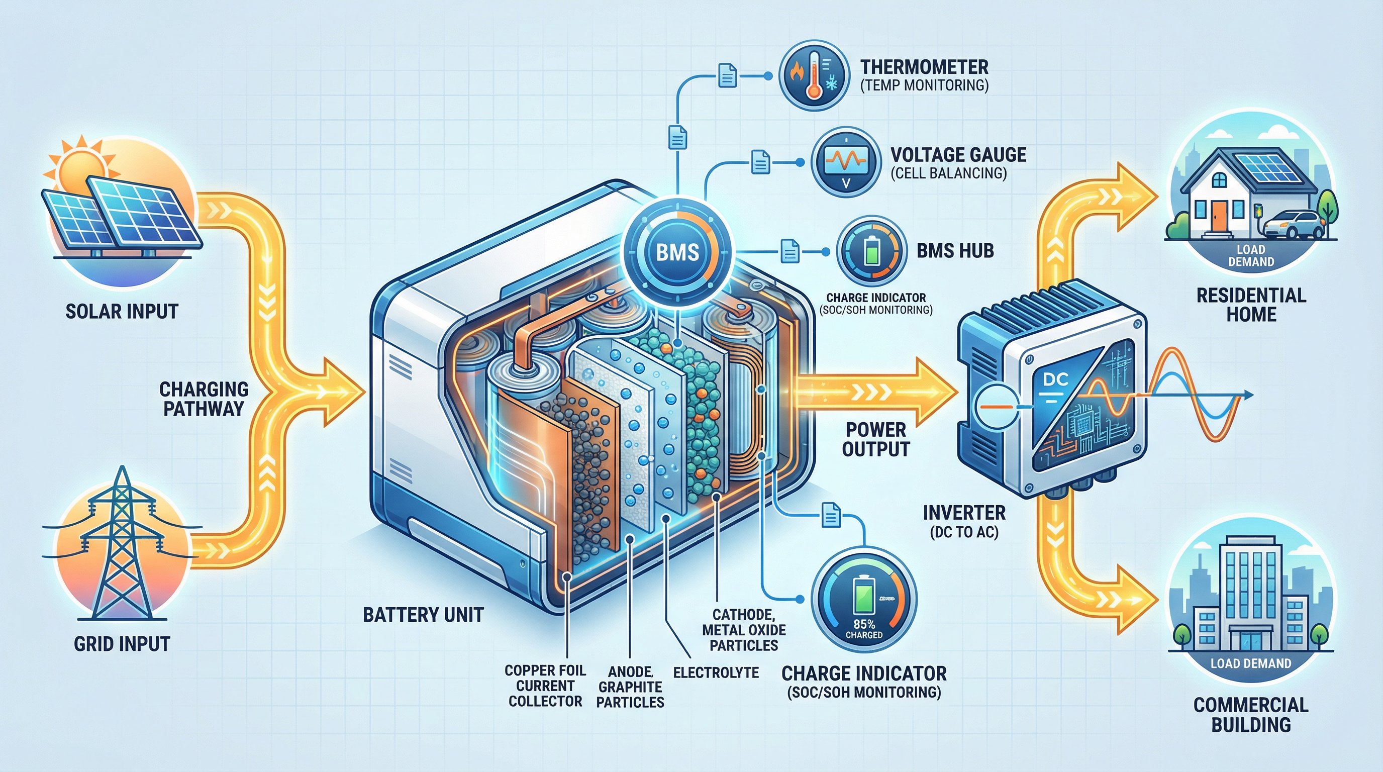Diagram showing battery energy storage system charging, management, and discharge process flow.