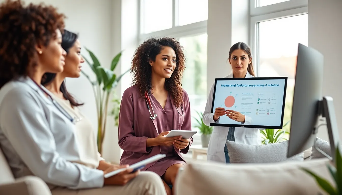 diverse health professionals discussing fertility in a modern office.
