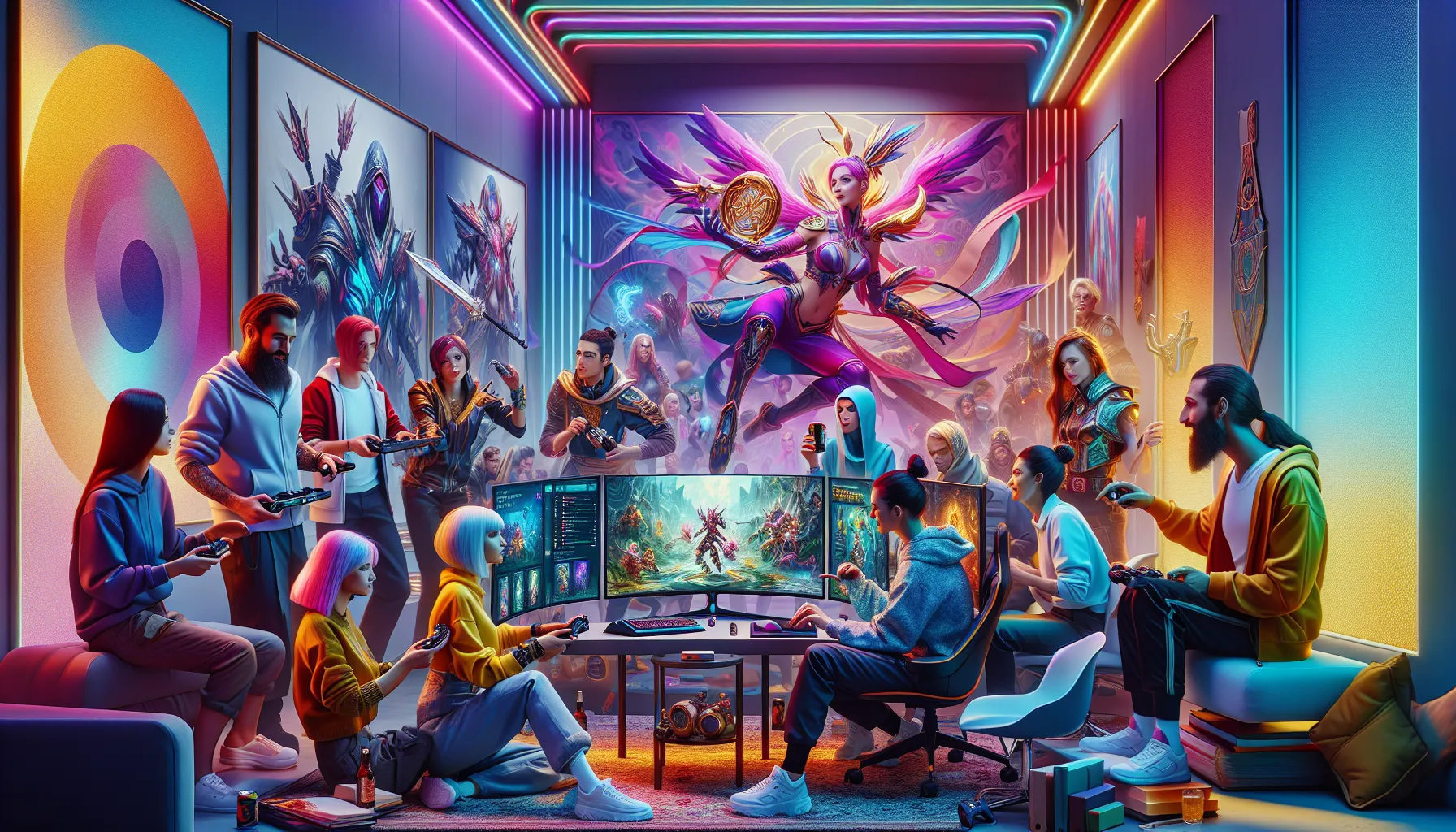 diverse gamers enthusiastically playing TheSerpentRogue in a modern setting.