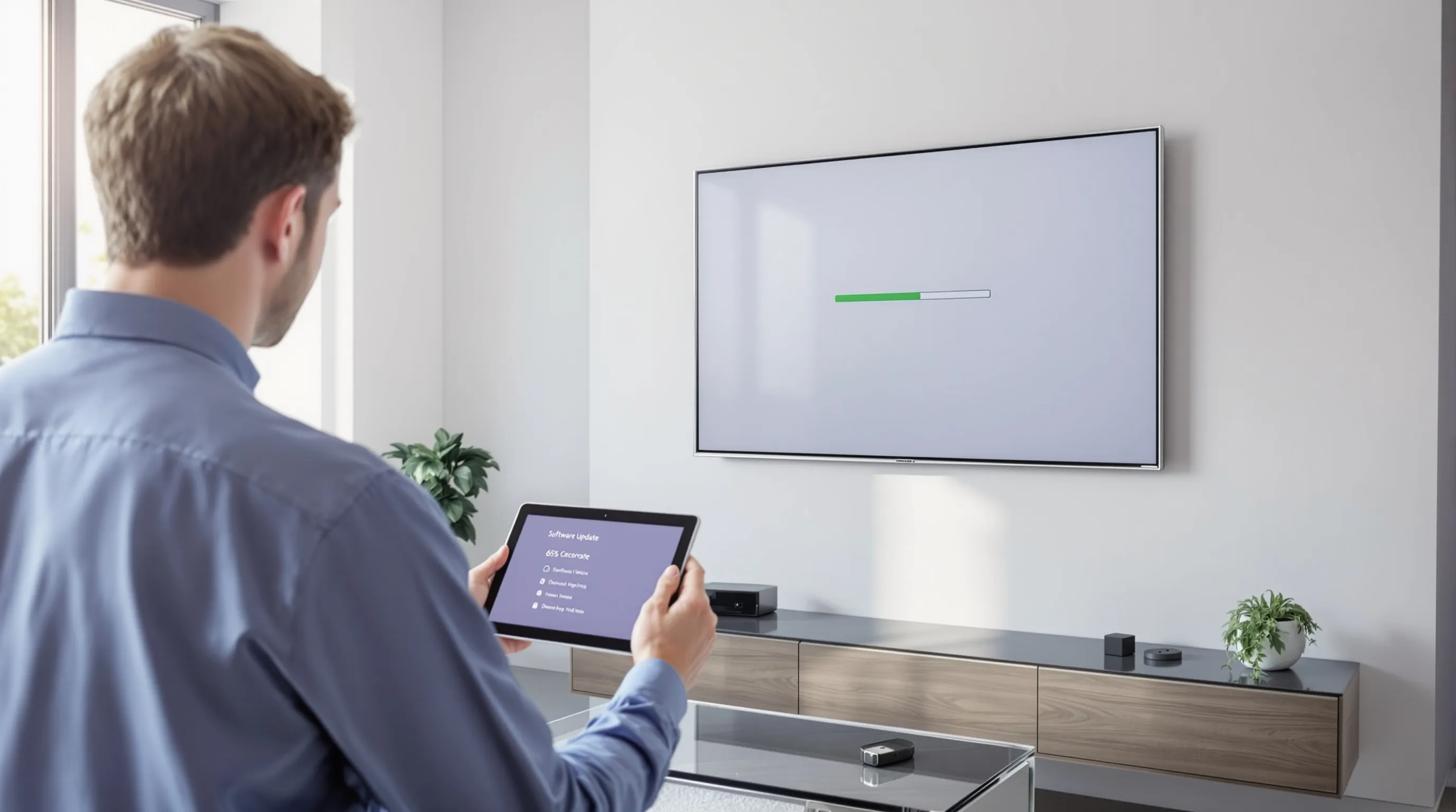 Technician updating TV software in modern living room